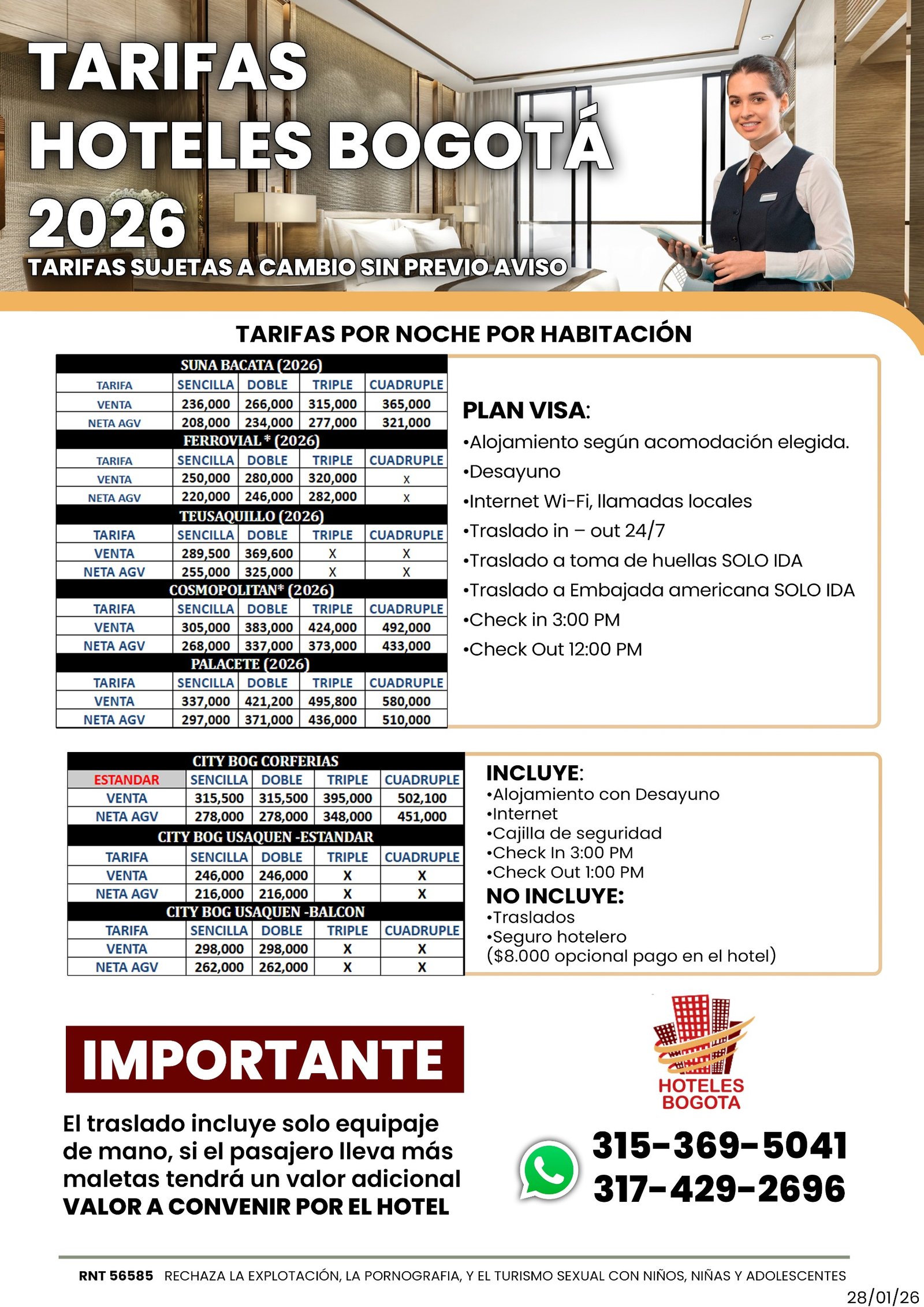 Tarifas por noche y por habitación de Hoteles Bogotá para 2026